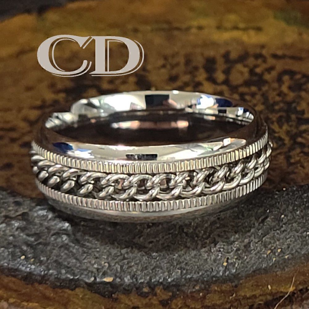 Men's Silver Chain Spinner Promise Ring Band - Anxiety Fidget Ring